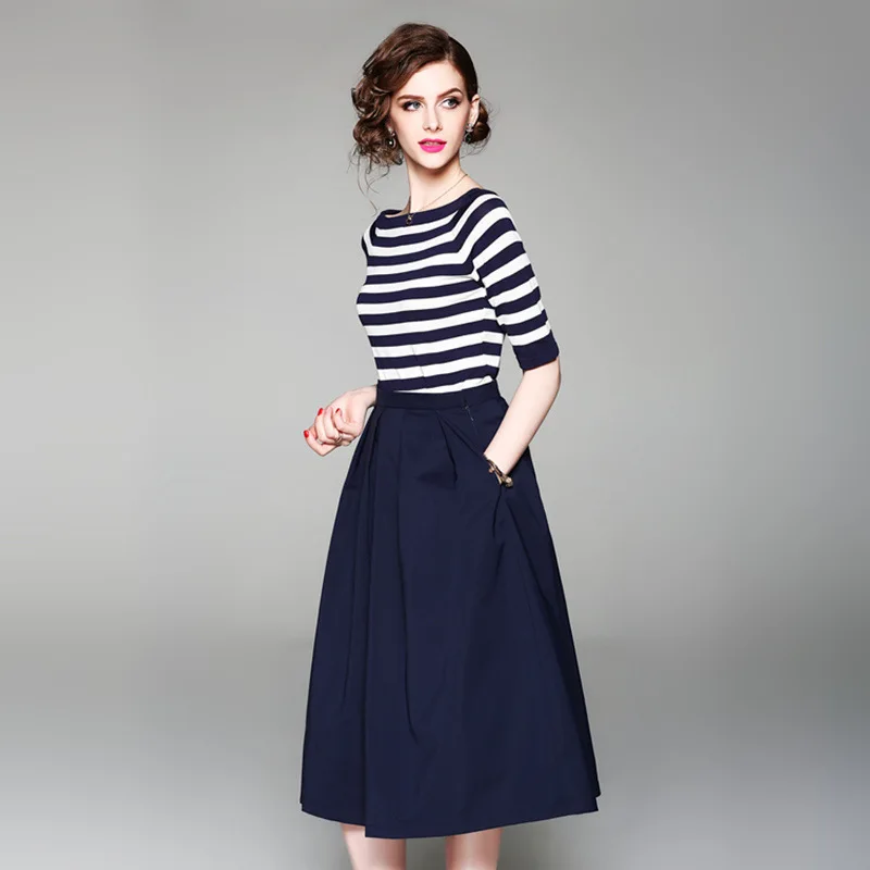 

Ozhouzhan 2018 Spring And Summer New Products Mid-length Two-Piece Set A- line Skirt Horizontal Neck Stripes Knitted T-shirt + S
