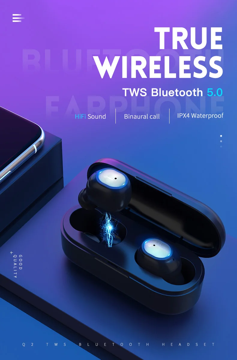 Q2 Bluetooth 5,0 наушники TWS беспроводные головные уборы спортивные Handsfree наушники 3D стерео игровая гарнитура с микрофоном зарядная коробка