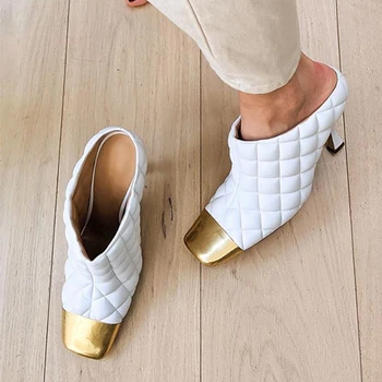 

New 2020Woven Folds High heel Slippers Woman Leather Braided Stilettos Mules Women Slippers Sexy Runway Party Thin Heels Sandals