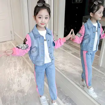 

2019 Autumn Girls Set Cartoon Pattern Jacket+Jeans Fashion Clothing For Girls Teenage Spring Clothes For Kids 4 6 8 12 13 Years