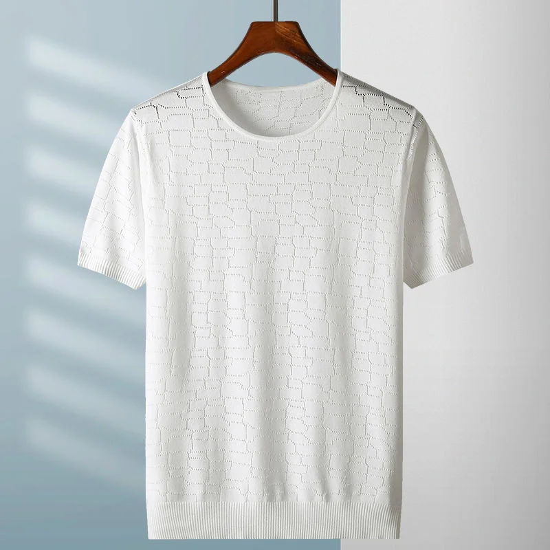 

Summer 2022 Male T-shirts Casual Ice Silk Knitted Short Sleeve O-neck Tees Top Slim Fit Pullover Men's Hollow Out T-shirts B124