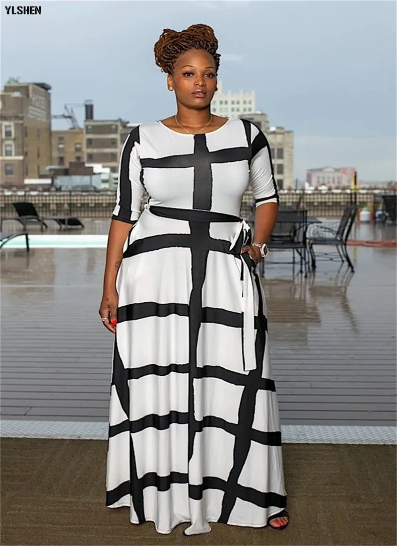 5XL African Dresses for Women Dashiki African Clothes Fashion Basin Riche Positioning Print Long Sleeve Black White Africa Dress 06