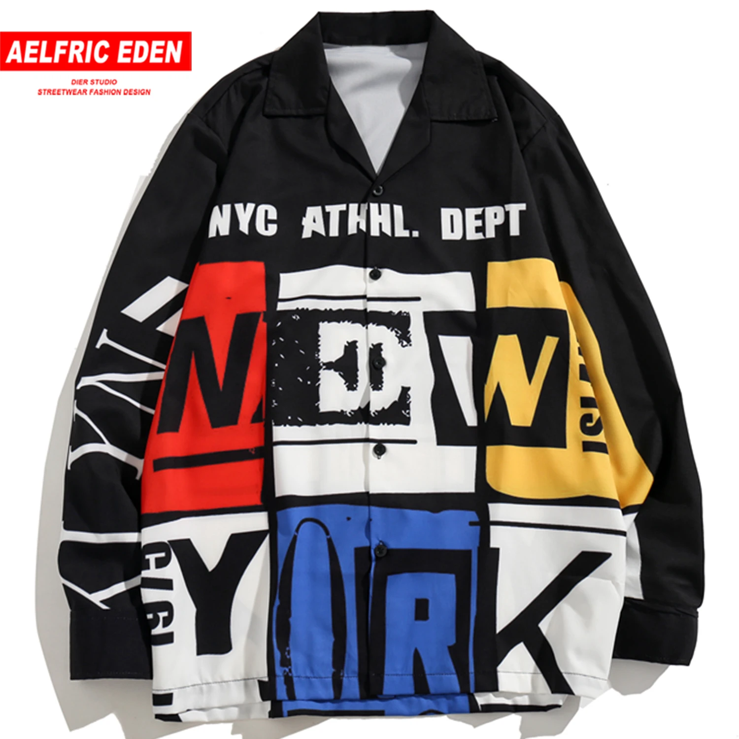

Aelfric Eden Color Clock Letter Printed Mens Shirts 2019 Fashion Harajuku Streetwear Hip Hop Casual Cotton Long Sleeve Outwear
