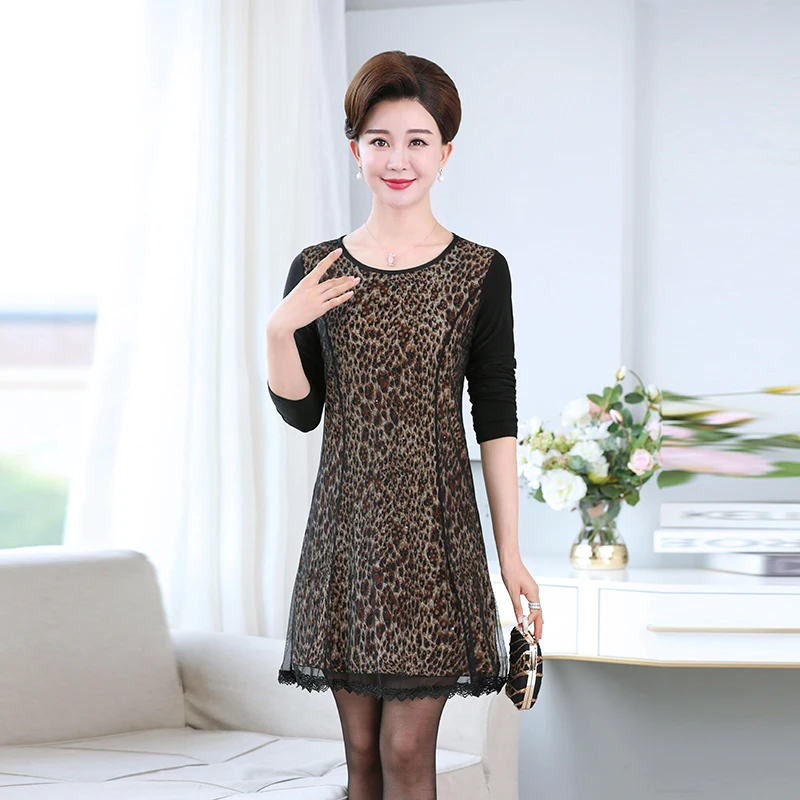 

Middle Aged Women Summer Spring Dresses Female Leopard Print Mesh Layered One Piece Dress Woman Patchwork O-neck Robe Plus Size