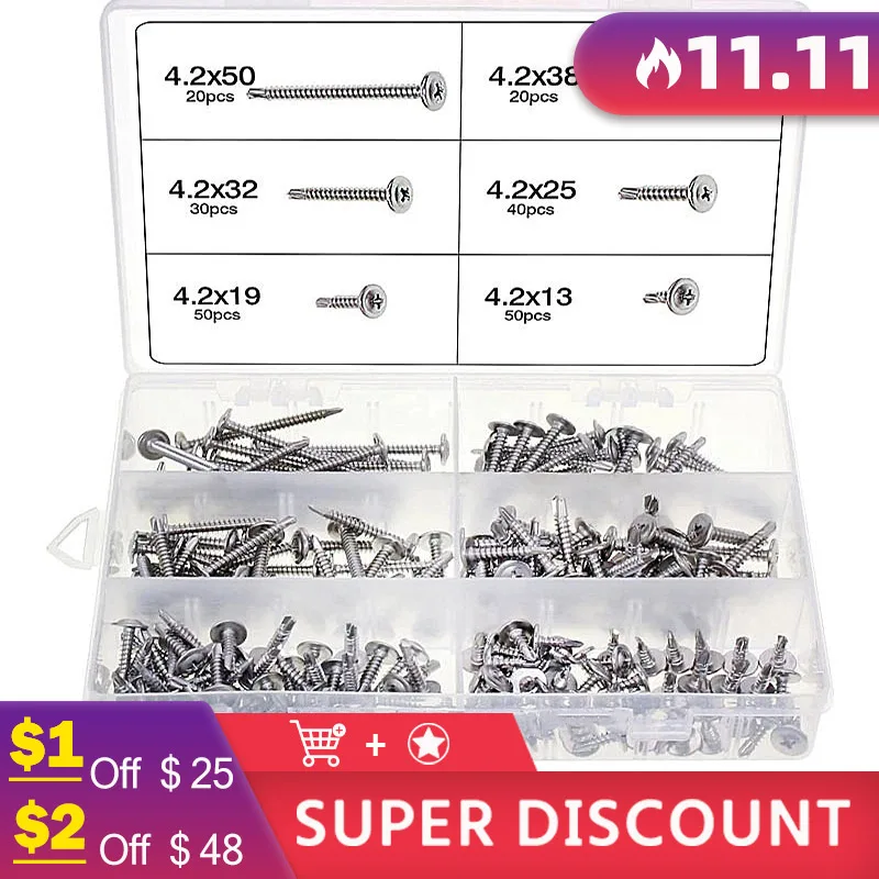 210PC Wood Self Drill Tapping Screw Kit Phillips Flat Round Head Drill Tail Screw M4.2 Countersunk Head Cross DrillingTail Screw