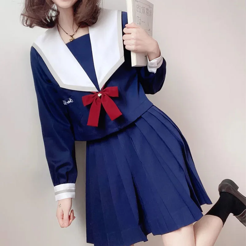 JK Uniform Set Embroidery Cute Japanese Student Sailor Collar Long-sleeve Blouse & Bow Pleated Skirt Color Navy Blue