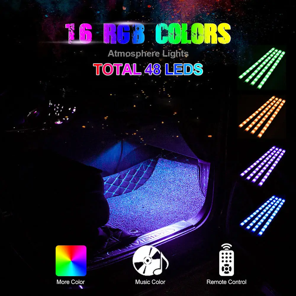 4x48 светодиодный автомобильный RGB атмосферный USB зарядное устройство полосы управления музыкой+ ИК-пульт дистанционного управления