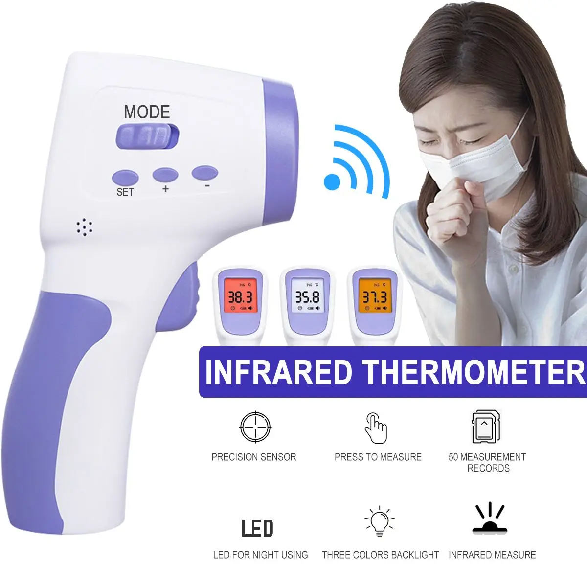 

Infrared Thermometer Non-contact Digital Forehead Body Adult Temperature Measuring Instrument Tri-color Backlight Thermometer