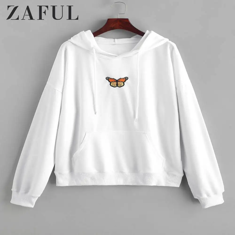 ZAFUL Женская свободная толстовка с капюшоном и передним карманом, Женская хлопковая толстовка с капюшоном и вышитыми бабочками