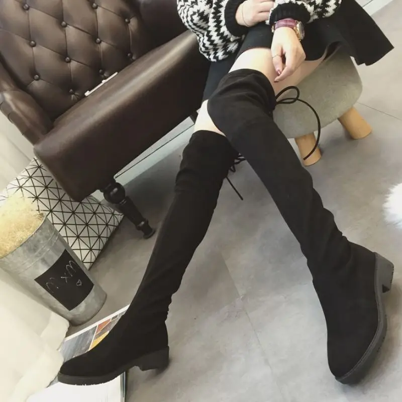 Coolcept New Women Over The Knee Boots Winter Warm Round Toe Flats Shoes Solid Color Long Boots Women Footwear Size 35-39