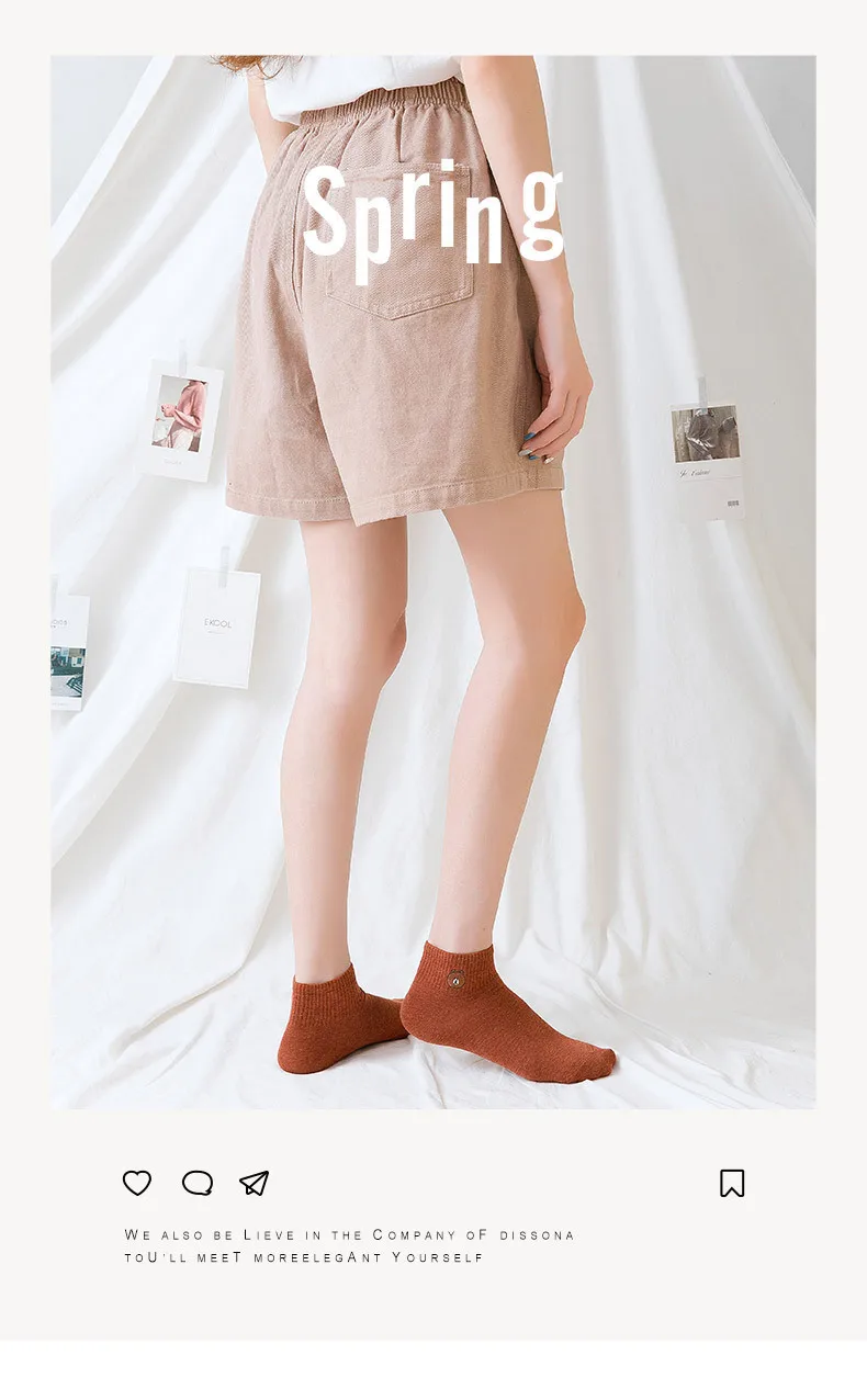 10PCS Bear Socks WOMEN'S Boat Socks Bear Solid Color WOMEN'S Cotton Socks Spring and Summer Students Sweat absorbing Ten Colors
