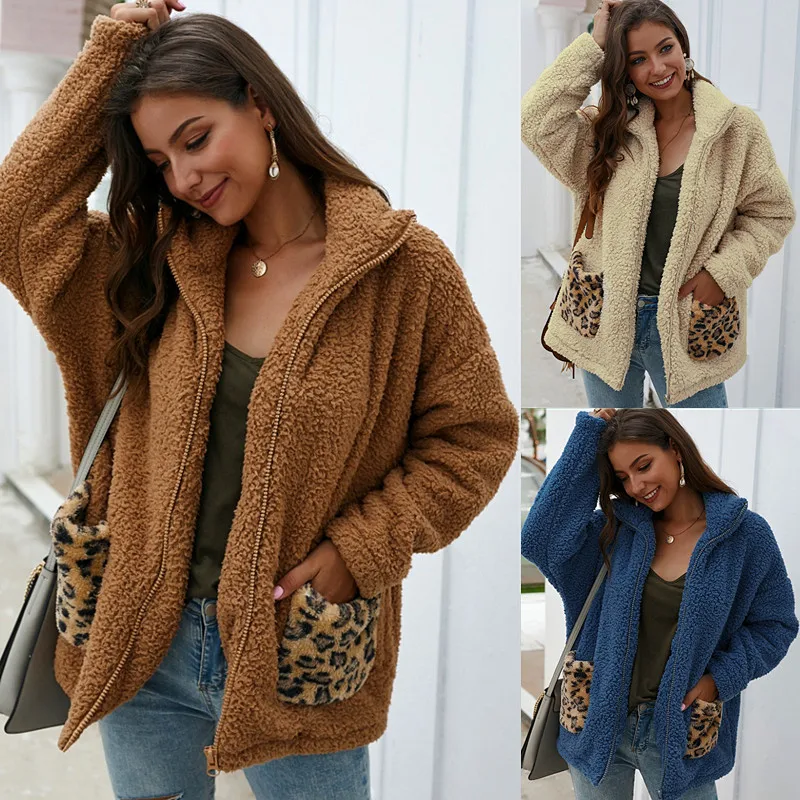 2019 Winter New Style Women Fleece Fur Warm Coat Jacket Leopard Pocket Long Sleeve Zipper Fashion Outwear | Женская одежда