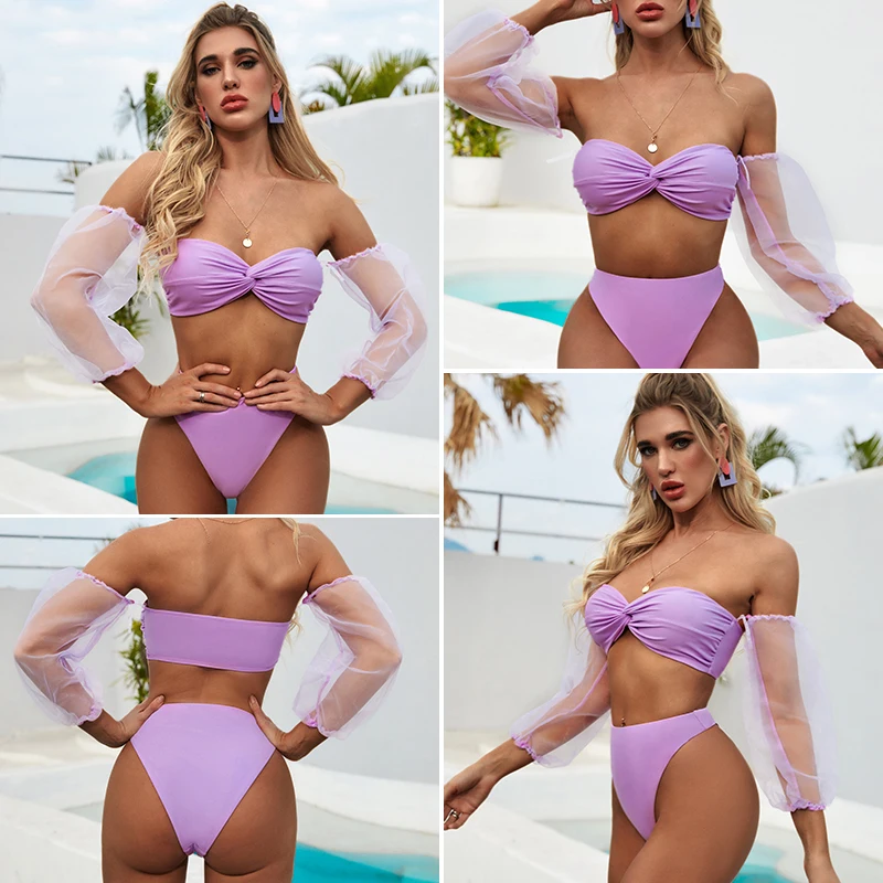 Sexy high waist bikinis mujer Puff sleeve women swimwear Brazilian push up swimsuit female Solid knot high cut bathing suit