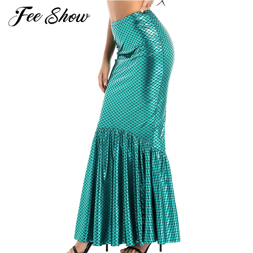 Womens Shiny Metallic Fish Scale Printed Elastic High Waist Flared Hemline Mermaid Full Length Skinny Slim Fit Long Maxi Skirts | Женская