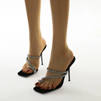 

Beige Heeled Sandals Spring Shoes Summer Heels Large Size Black Rhinestone Stiletto Fashion Female Comfort Block High Sizes