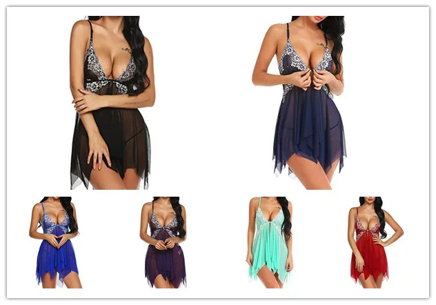 

2022 Mesh Perspective Sling Women's Pajamas Fun Suit V-Neck Contrast Color Nightdress + Thong Super Sexy Suits
