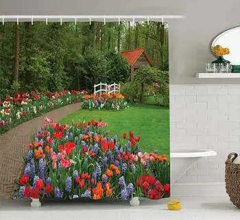 

Country Home Decor Shower Curtain Set A Spring Garden with Forest Hut Small Bridge Plants Flowerbeds and Walkway Bathroom