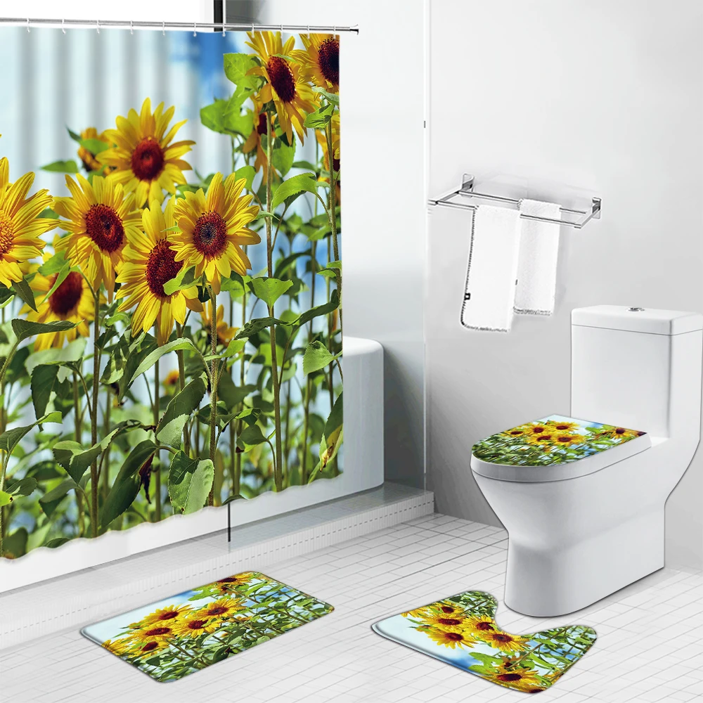 

Sunflower Flower Scenery Shower Curtain Tulip Floral Plant Butterfly Landscape Toilet Cover Rug Carpet Non-slip Kitchen Bath Mat