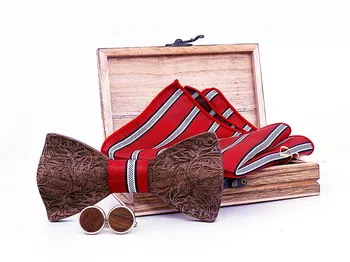 

Manual Wooden Bow Tie Handkerchief Set Men's Bowtie Wood Hollow Carved And Box