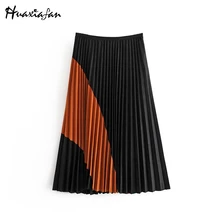 Huaxiafan, женские юбки, винтажные, сочетающиеся цвета, Осенние, искусственная замша, плиссированные юбки, женские, боковая молния, шикарные, модные, миди юбки для женщин