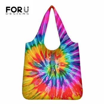 

FORUDESIGNS Rainbow Tie-Dye Printed Tote Foldable ECO Reusable Polyester Shoulder Handbag Colorful Folding Pouch Shopping Bags