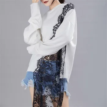 

Fashion Women 2020 hooded Irregular stitching lace hoodies Loose pullover for female with Hood Lace Patchwork Tops Long Sleeve