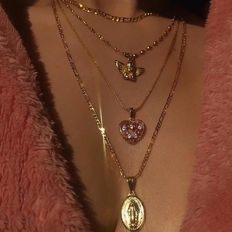 Модное ожерелье s Boho Ретро кристаллы в форме сердца медальон Дева Мария Крылья ангела золотое ожерелье женские очаровательные ювелирные аксессуары