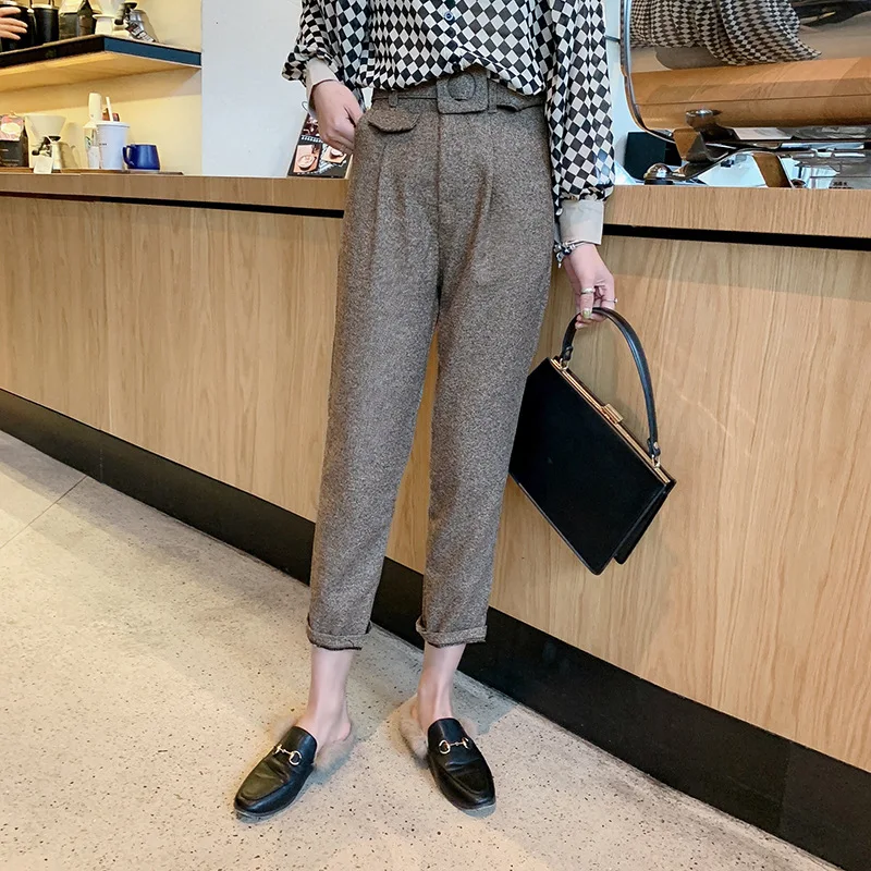 2019 Весна Новый стиль корейско-Стиль Для женщин шерстяные приталенный Slim Fit Капри записная книжка С ПЕРЕПЛЕТОМ с подходит универсальные