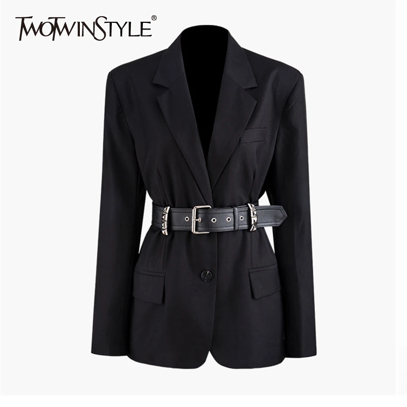 

TWOTWINSTYLE Loose Fit PU Leather Rivet Decoration Belt Jacket New Lapel Long Sleeve Women Coat Fashion Tide Autumn Winter 2019
