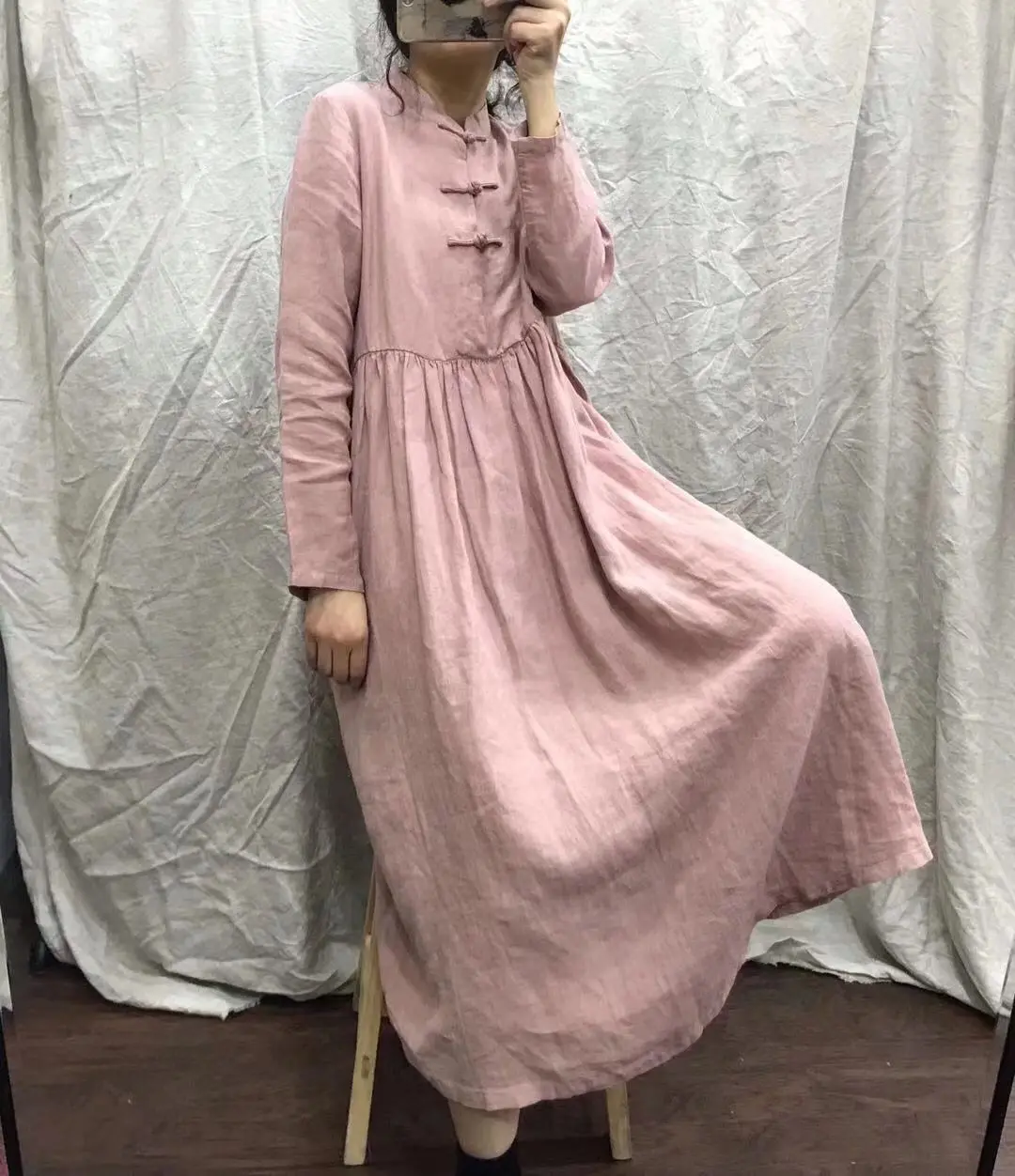 

2020 New Style Chinese-style Literature And Art Frog Long Skirts Mid-length Flax Long Sleeve Stand Collar Dress Women's