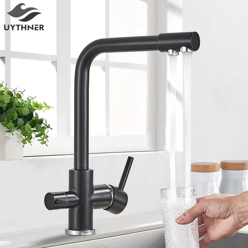Grifo con filtro de agua potable para cocina, mezclador de fregadero de color negro, con función de purificación de agua giratoria