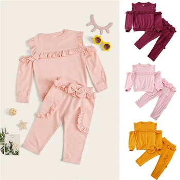 

Infant Baby Girls Ruffle Outfit Clothes Tracksuit Solid Long Sleeve Off Shoulder T shirt + Leggings Pants Outfit Set 1-5Y