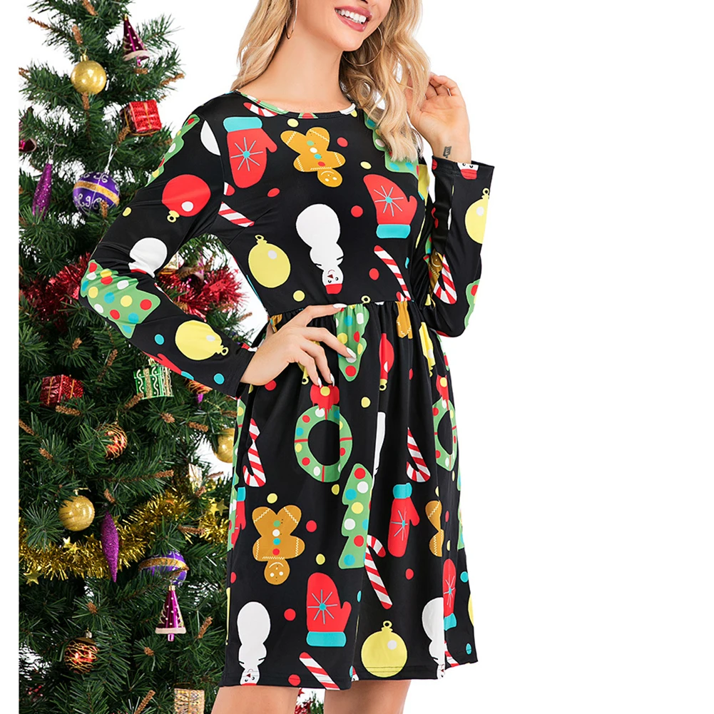 Vestidos de fiesta Vestido delgado hasta la rodilla de manga larga con estampado floral de otouno de las mujeres de Navidad
