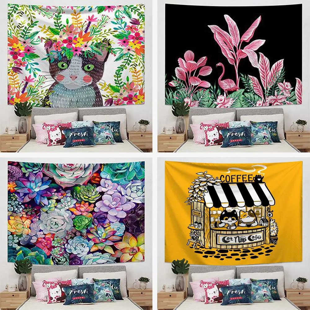 

Boho Tree Flower Tapestry Wall Hanging Cartoon Home Background Carpet Corridor Yoga Bedroom Mat Living Room Mural Decoration