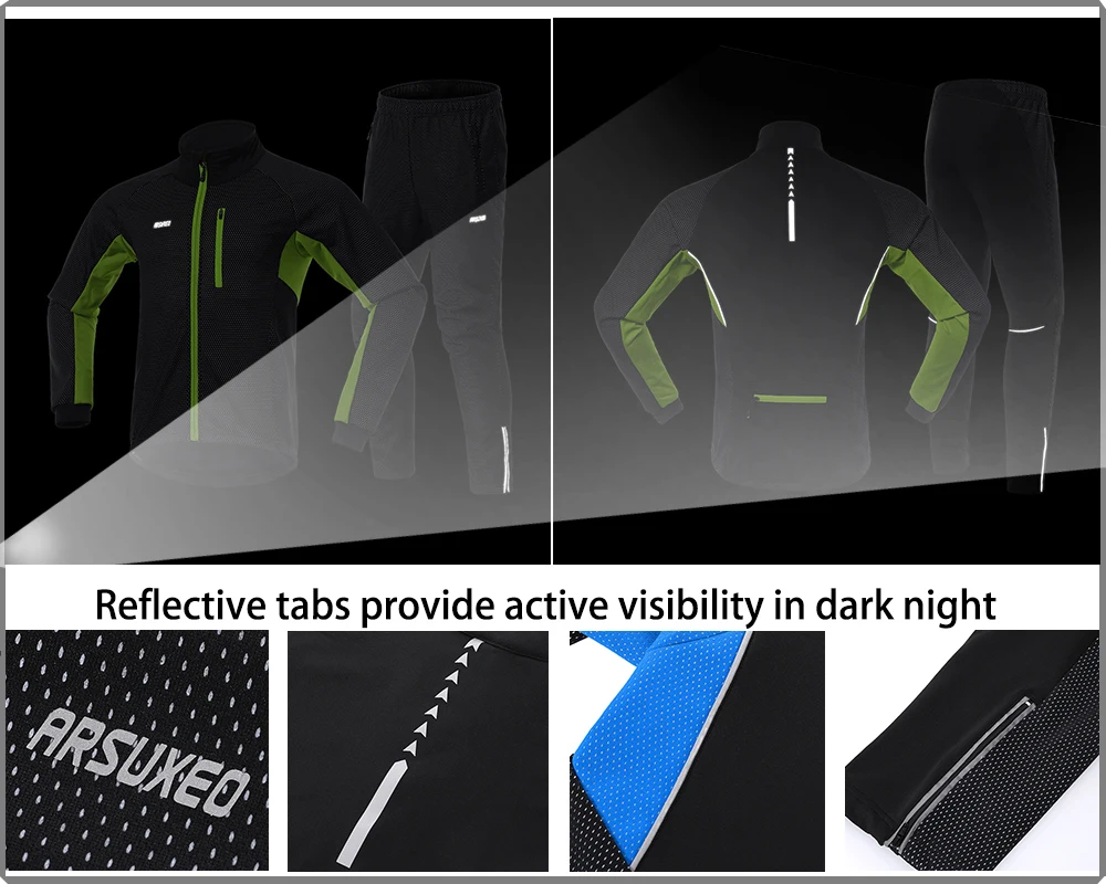 ARSUXEO 남자 따뜻한 열 사이클링 자켓 세트 방풍 방수 자전거 자켓 바지 자전거 정장 사이클링 의류 오토바이
