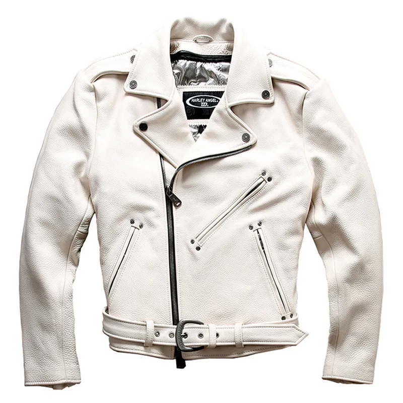 2019 Men's Genuine Leather Jacket Real Cowhide Jackets Slanted Zippers White Motorcycle Biker Jackets for Male 2019 Men's Genuine Leather Jacket Real Cowhide Jackets Slanted Zippers White Motorcycle Biker Jackets for Male