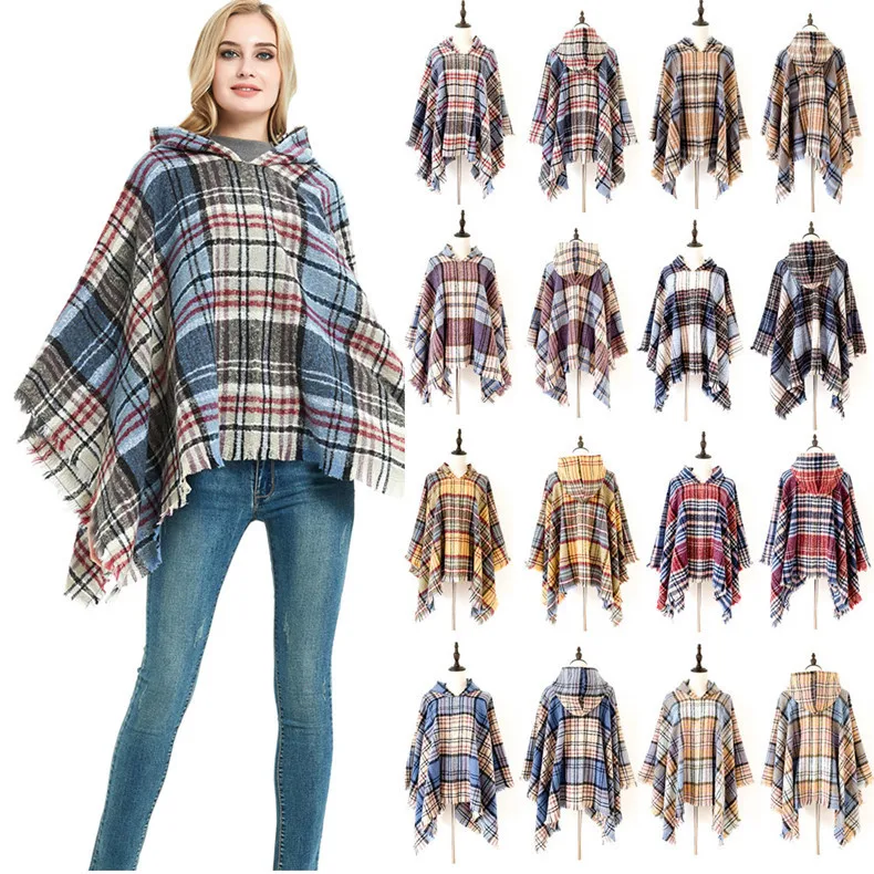 

Manufacturers Selling New 2019 Europe United States Autumn Winter Barbed Hair Cowl plaid Caped Cape Wool Scarf Cloth Poncho