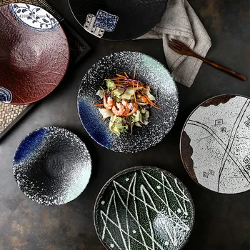 

Japanese retro tableware bowl ceramic plate salad bowl cold noodle bowl creative home soup bowl commercial restaurant plate