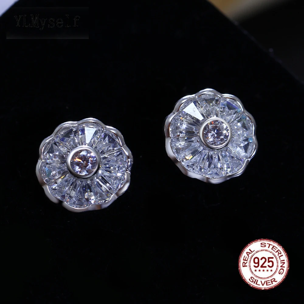 

100% Real 925 Sterling Silver Stud Round Earrings Pave Full Stunning Zircon Crystal Cute OL Lady Fine Jewellery Jewelry