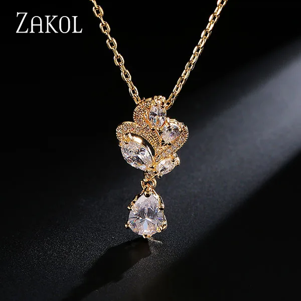 Gold Color ZAKOL модный винтажный в форме цветка AAA+ кубический цирконий кулон ожерелья Блестящий Кристалл невесты свадебные украшения для женщин FSNP026 - Окраска металла: Gold Color