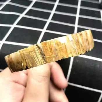 

13x7mm Natural Gold Rutilated Quartz Bangle Bracelet For Woman Lady Men Crystal Rectangle Beads Stone Stretch Fine Jewelry AAAA