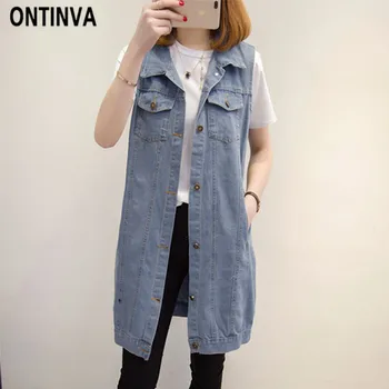 

Light Blue Oversize Denim Long Vest Coat Woman Fashion Sleeveless Jeans Jacket with Pockets Casual Plus Size Cardigan Vest