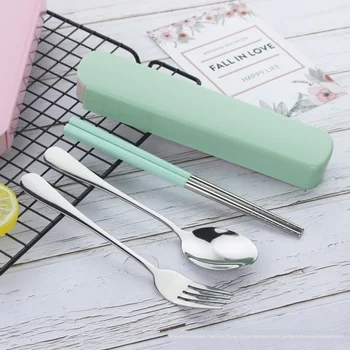 

Portable Student Travel Tableware Box Set Stainless Steel Spoon Chopsticks Fork Tableware Three-Piece Set