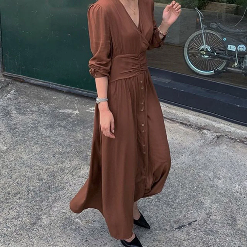 Korean Linen Long Dress 2019 Autumn Office Retro Plain Buttons Girdle Pleated A Line Dresses Ladies Black High Waist Maxi Robe | Женская