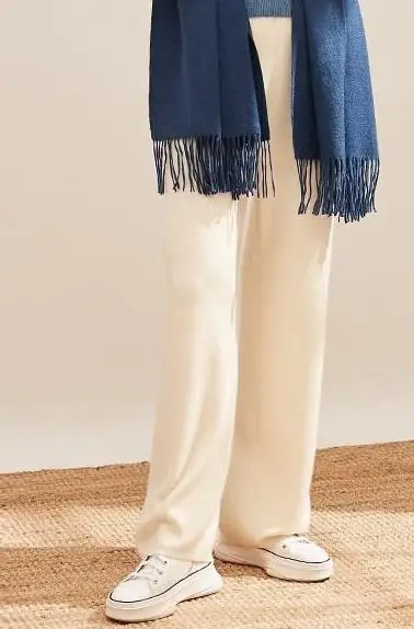 pure goat cashmere knit women fashion wide leg pants full length trousers S-XL retail wholesale customize - Цвет: bg white