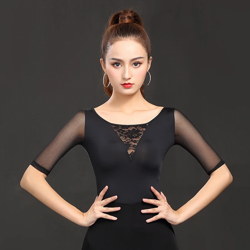 

Latin Dance Dress For Women Rumba/Tango Practice Tops Female Tango Short Sleeves Shirt Ballroom Dance Black Costume DQL1802