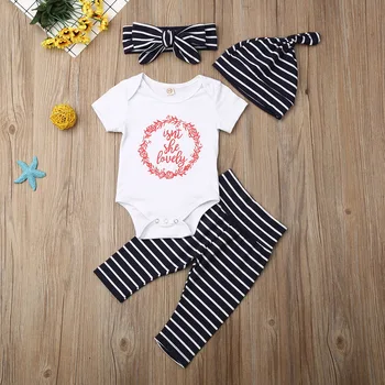 

Pudcoco Newborn Baby Boy Girl Clothes Letter Flower Print Romper Tops Striped Long Pants Headband Hat 4Pcs Outfits Cotton Set