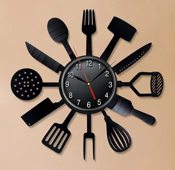 

Hot Selling Kitchen Decorative Knife, Fork and Spoon Gramophone Record Hanging Clock Vinyl Wall Clock Decorative Creative Clock