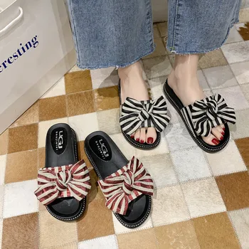 

Med Shoes Butterfly-knot Slippers Casual Platform Gingham Slides Slipers Women Luxury Soft Flat Rubber 2020 Striped Cotton