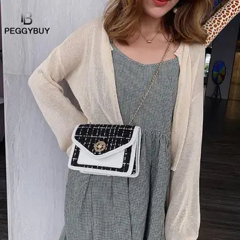 

Women Woolen Plaid Shoulder Bags Hasp Flap Leather Square Messenger Bags Shoulder Strap Fashion New Bag Women Handbag